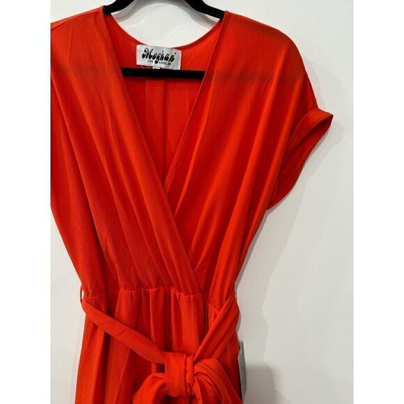 New MEGHAN LA Size M Jasmine Midi Dress wrap front w/tied waist belt Orange - Picture 12 of 13